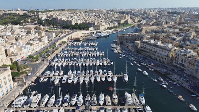 An aerial view of a port in Malta.