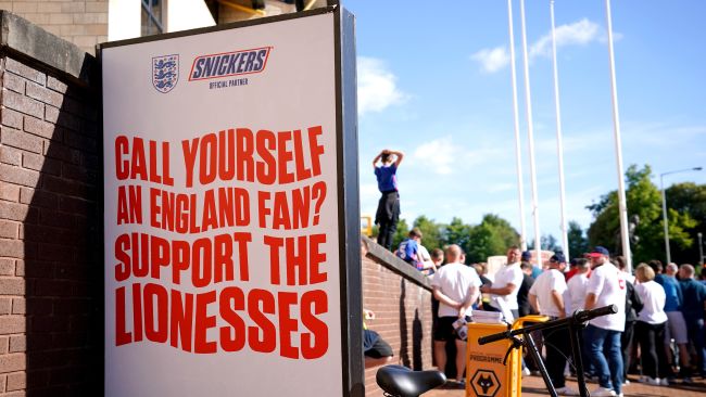 An advertising board promoting the England Lionesses ahead of the UEFA Nations League match at the Molineux Stadium, Wolverhampton.