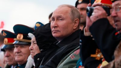 Putin looks on during the Victory Day military parade marking the 77th anniversary of the end of World War II in Moscow
