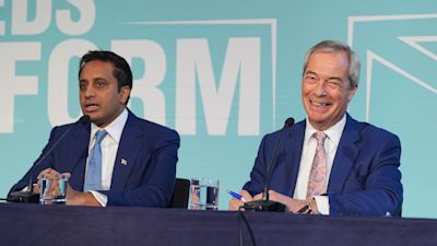 Reform Party leader Nigel Farage and head of policy Zia Yusuf during a Reform UK press conference at Church House Westminster, central London. Picture date: Tuesday November 18, 2025.