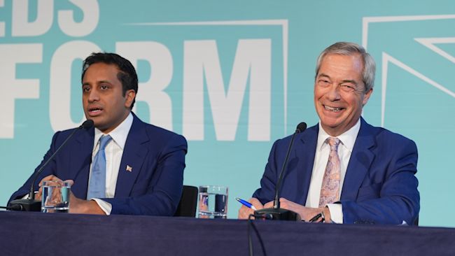 Reform Party leader Nigel Farage and head of policy Zia Yusuf during a Reform UK press conference at Church House Westminster, central London. Picture date: Tuesday November 18, 2025.