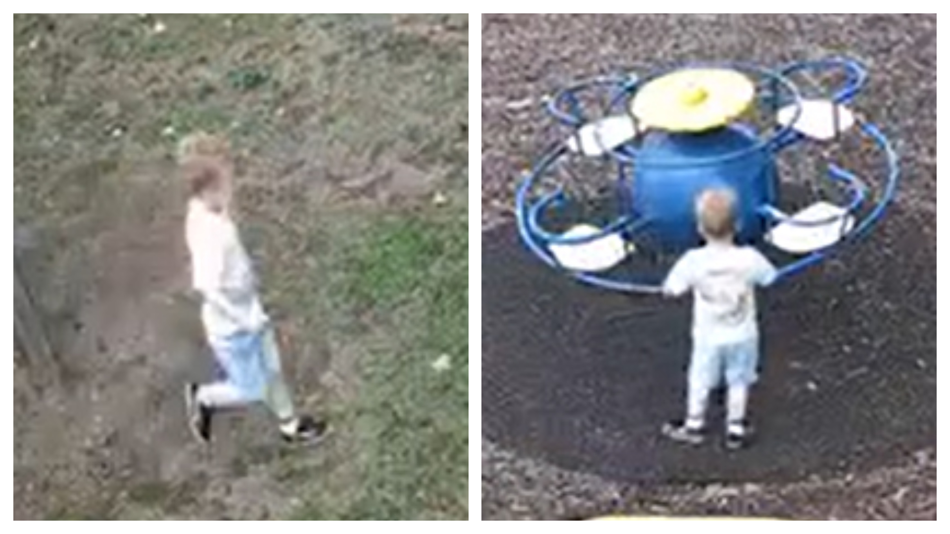 A boy in a white t-shirt seen in a park and next to a roundabout.