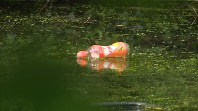 A plastic bottle floats in the river at Orton Longueville woods in Peterborough, which saw an increase in litter after lockdown lifted.