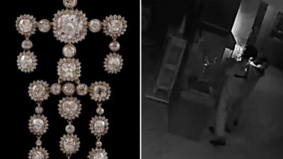 Some of the jewels stolen (L) and CCTV of the robbers (R)