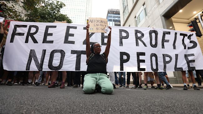 Protesters outside the Ofgem HQ in Canary Wharf London.