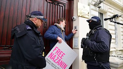 Richard Ratcliffe, the husband of Nazanin Zaghari-Ratcliffe, takes part in a protest outside the Iranian Embassy in London. Ms Zaghari-Ratcliffe has completed a near five-year sentence in the Islamic Republic over allegations of plotting to overthrow its government - charges which she vehemently denies. Picture date: Monday March 8, 2021.