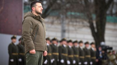 Ukrainian President Volodymyr Zelenskyy attends a commemorative event on the occasion of the Russia Ukraine war one year anniversary, in Kyiv, Ukraine, Friday, Feb. 24, 2023. (Ukrainian Presidential Press Office via AP)