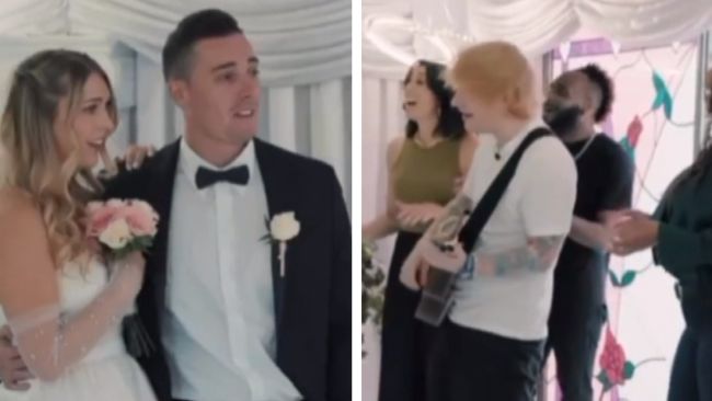 Ed Sheeran performs to the happy couple.