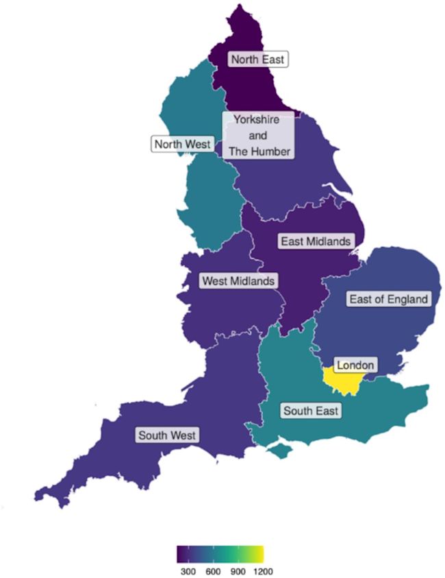 Destinations of imported cases within England. Areas with less than 3 cases have been excluded