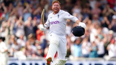 England's Jonny Bairstow celebrates his century after getting 102 runs from 77 balls during day five of the Second LV= Insurance Test Series match at Trent Bridge, Nottingham. Picture date: Tuesday June 14, 2022.