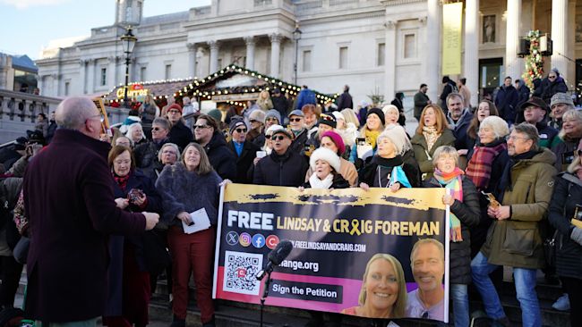 People during a sing for freedom event for Lindsay and Craig Foreman in Trafalgar Square in January.