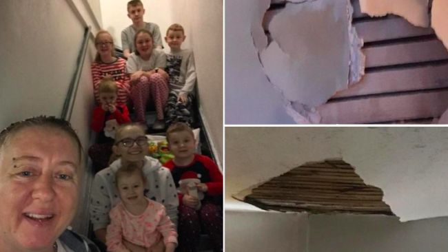 collapse ceiling and mould and mother with 7 children