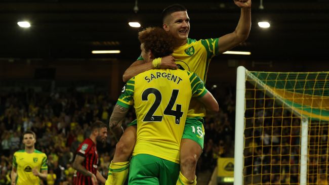 Christos Tzolis celebrates scoring for Norwich City against Bournemouth. 