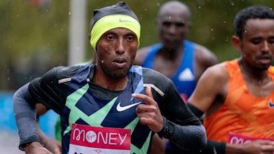 Ethiopia's Shura Kitata nearing the finish of the Elite Men's Race during the Virgin Money London Marathon