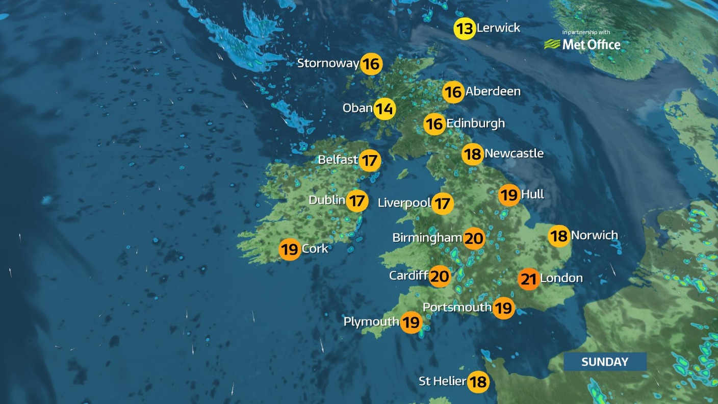 Mostly sunny with scattered showers as top temperatures reach 21 ...