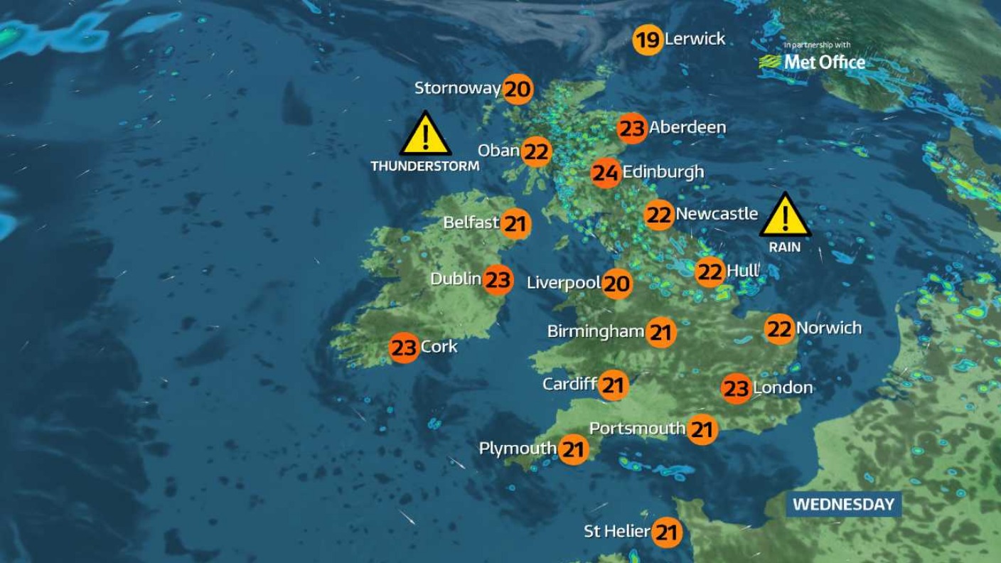 Wednesday's weather: More rain in the north but drier and cloudy in the ...