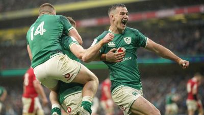 Ireland's Jonathan Sexton (right) celebrates after Garry Ringrose scores a try during the Six Nations match at Aviva Stadium in Dublin, Ireland. Picture date: Saturday February 5, 2022.