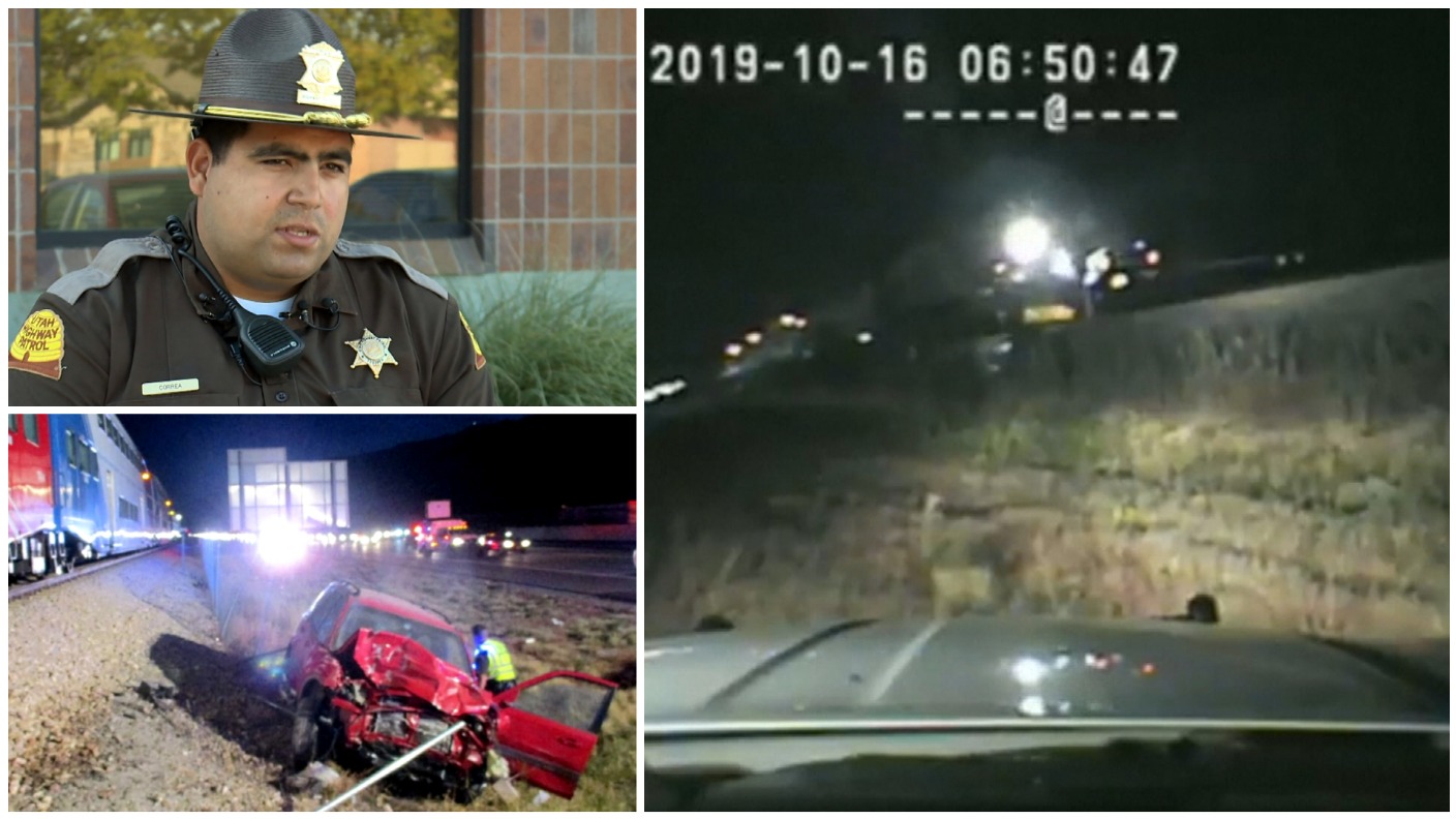 US police officer rescues driver from car seconds before train smashes ...