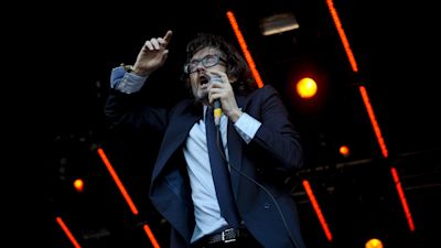 Jarvis Cocker of Pulp who performed as secret guests on the Park stage at the Glastonbury Music Festival held at Worthy Farm, Pilton.