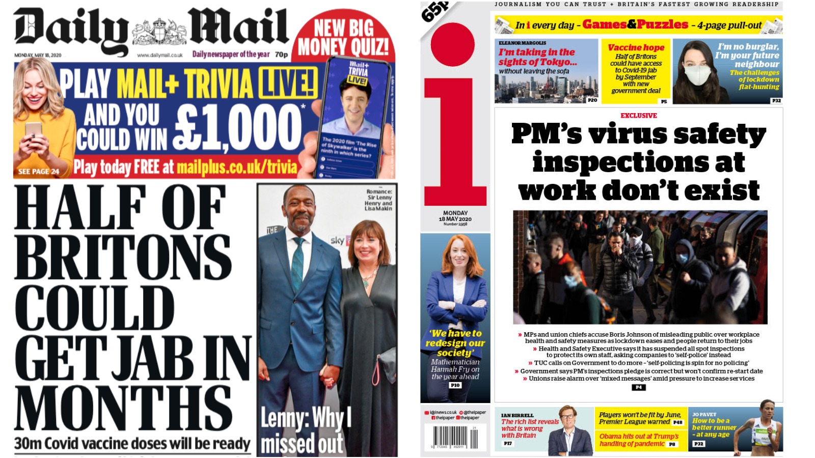 Lockdown Easing And Search For Coronavirus Vaccine Make Up Monday Front Pages Itv News