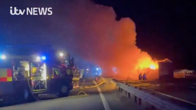 A lorry fire breaks out on the M11, closing the road
Copyright: BCH Roads Policing/Twitter