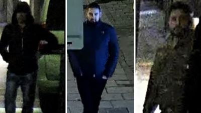 Police want to speak to the three men pictured in connection with the assault on March 20.