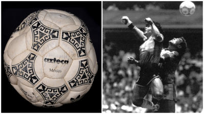 Split image. Left image: Maradona Hand of God ball. Right image: Maradona Hand of God still.