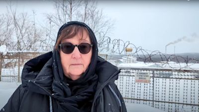 Navalny's mother Lyudmila Navalnaya speaks, near the prison colony in the town of Kharp, Russia. Credit: AP