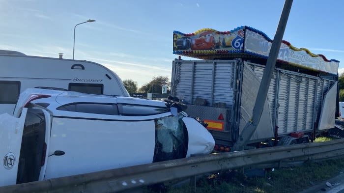 A63 closed after vehicle towing caravan hits central reservation