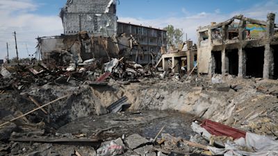 A damaged building in Odesa from a Russian missile last August.