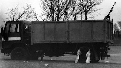The lorry used by IRA terrorists to launch an attack on Coalisland R.U.C. Station, County Tyrone. Clearly visible is the 12.7MM heavy machine gun mounted on rear of vehicle. Four IRA members died when troops engaged the fleeing attackers.
Read less
Picture by: PA Archive
Date taken: 17-Feb-1992