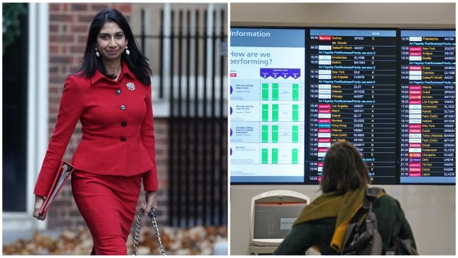 Split image. Left image: Home Secretary Suella Braverman. Right image: A passenger waiting for their flight an an airport.