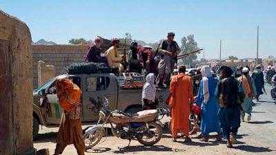 Taliban fighters patrol inside the city of Farah, capital of Farah province, southwest Afghanistan, Wednesday, Aug. 11, 2021. Afghan officials say three more provincial capitals have fallen to the Taliban, putting nine out of the country’s 34 in the insurgents’ hands amid the U.S. withdrawal. The officials told The Associated Press on Wednesday that the capitals of Badakhshan, Baghlan and Farah provinces all fell. (AP Photo/Mohammad Asif Khan)
