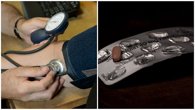 Split image. Left image: A medical professional conducting a blood pressure test. Right image: A packet of statin tablets.