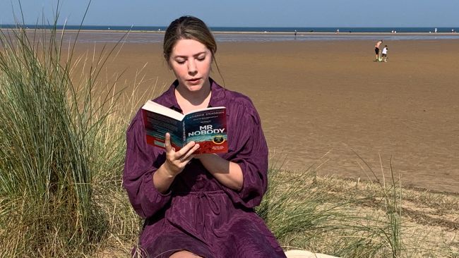 Downton actor Catherine Steadman reading from her new novel Mr Nobody where it is set on Holkham beach