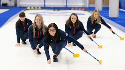 23/12/21. The Team GB women's curling team for Beijing 2022. Hailey Duff, Vicky Wright, Eve Muirhead, Jen Dodds and Mili Smith (left to right). Graeme Hart/PPA.