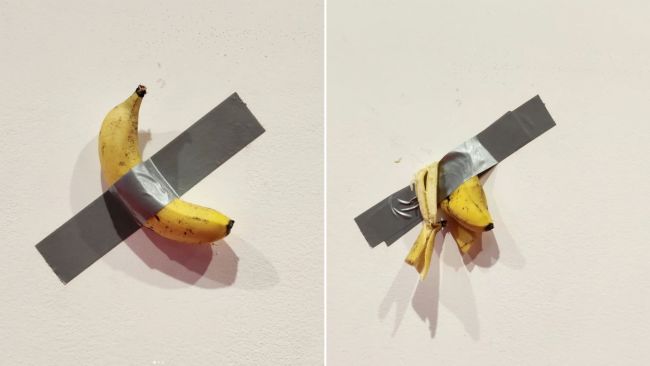 The aftermath of a student eating Italian artist Maurizio Cattelan's 'Comedian' off the wall at the Leeum Museum of Art in Seoul, South Korea.