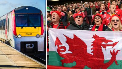 Transport for Wales train and Wales rugby fans 