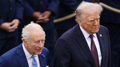 US President Donald Trump and King Charles III following a Beating Retreat military ceremony at Windsor Castle, Berkshire, on day one of the president's second state visit to the UK. Picture date: Wednesday September 17, 2025.