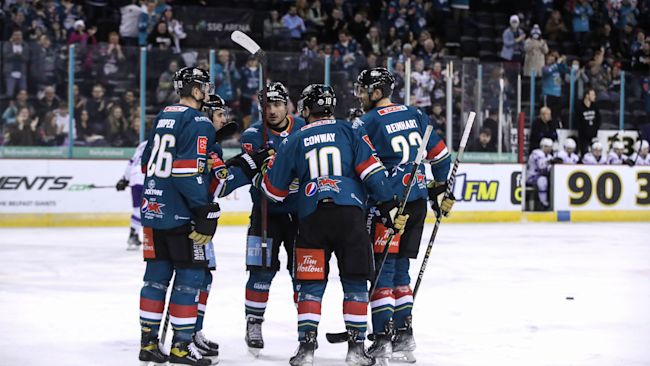 Credit: William Cherry/Presseye
Belfast Giants Scott Conway celebrates scoring against the Glasgow Clan during Fridays Elite Ice Hockey League game at the SSE Arena, Belfast.