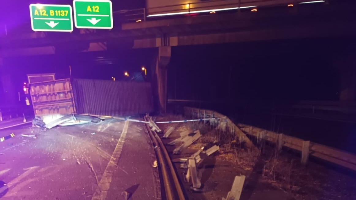 A12 closed near Witham after lorry overturns and driver arrested