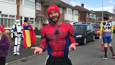 Stockport Spiderman raising money for Youth suicide prevention.