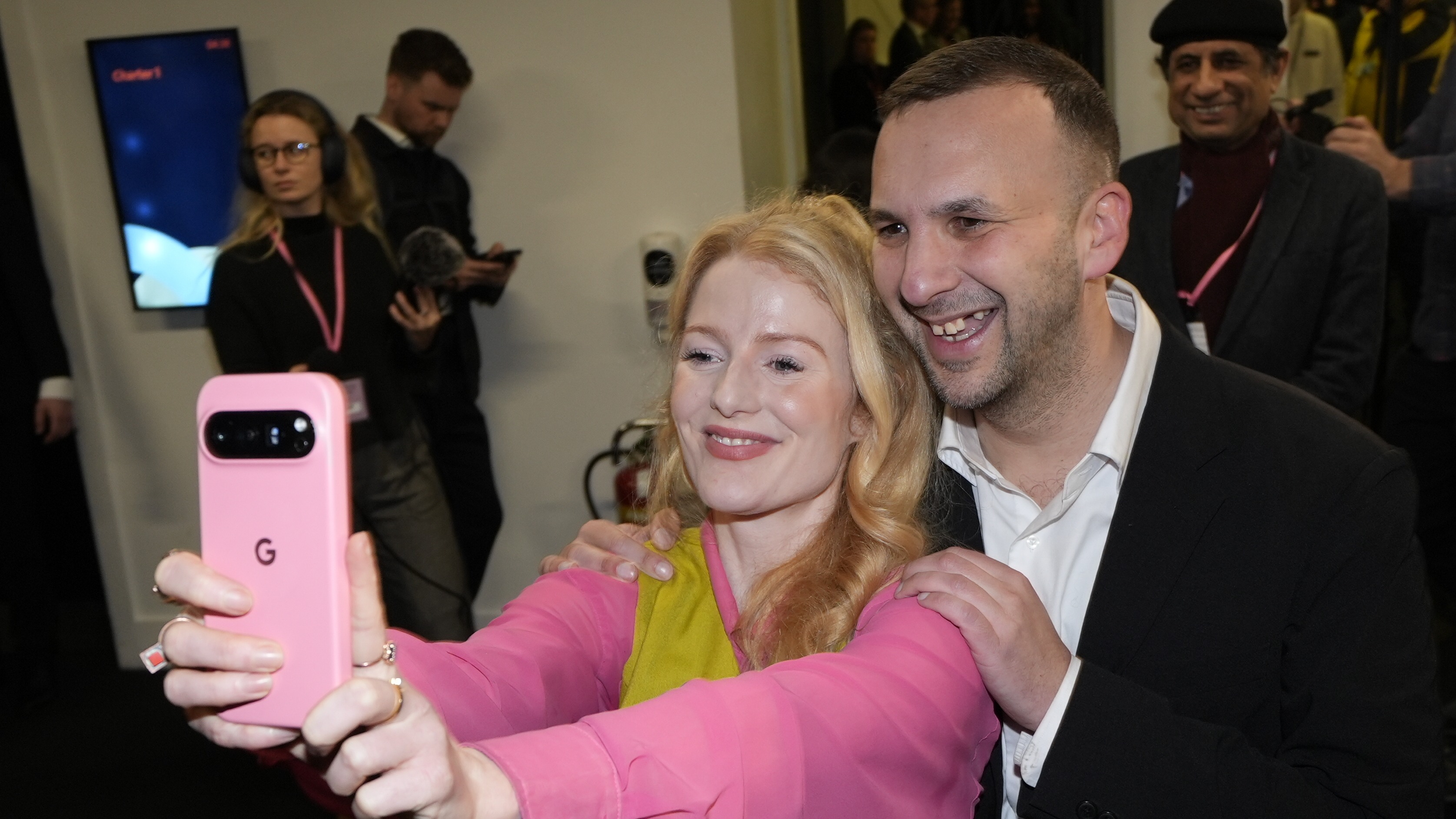 Green Party's Hannah Spencer and leader Zack Polanski celebrates after winning the Gorton and Denton by-election.