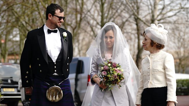 Julian Assange's fiancee Stella Moris arrives at HMP Belmarsh, south east London, alongside Julian's brother Gabriel Shipton and her mother, ahead of her wedding to the WikiLeaks founder inside the jail where he has been held for three years