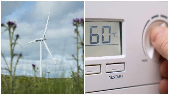 Split image. Left image: A wind turbine. Right image: A person turning on their gas boiler.