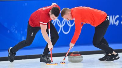 10/02/22. BEIJING, Feb. 10, 2022 (Xinhua) -- Hammy McMillan (L) and Bobby Lammie of Great Britain compete during the curling men's round robin session of the Beijing 2022 Winter Olympics between Great Britain and Italy at National Aquatics Centre in Beijing, capital of China, Feb. 10, 2022. (Xinhua/Huang Xiaobang). Taken from PA Images