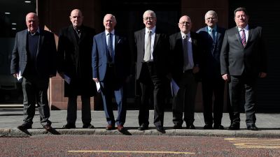 By: Brian Lawless/PA Archive/PA Images 
(2018)
Seven of the 14 'Hooded' men, who were kept in hoods interned in Northern Ireland in 1971, (from left) Jim Auld, Patrick McNally, Liam Shannon, Francie McGuigan, Davy Rodgers, Brian Turley and Joe Clarke, following a press conference at KRW Law in Belfast, after the European Court of Human Rights delivered its judgement on the treatment of the 'Hooded' men.