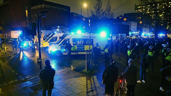 Police and crowds following a disturbance near to the Lighthouse Theatre in Camberwell Road, south east London. Picture date: Saturday December 30, 2023.a