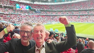 comedians David Baddiel and Frank Skinner celebrating England's victory over Germany in the Euro 2020