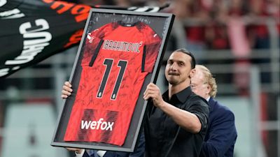 AC Milan's Zlatan Ibrahimovic reacts after his last game for the club at the end of a Serie A soccer match between AC Milan and Hellas Verona at the San Siro stadium, in Milan, Italy, Sunday, June 4, 2023. (AP Photo/Antonio Calanni)
